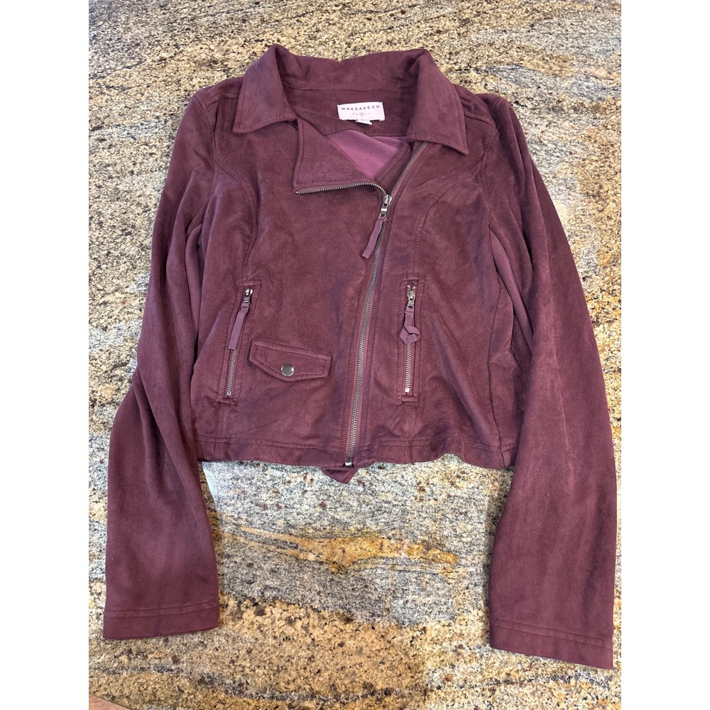 Marrakech Womens Faux Suede Moto Jacket‎ Burgundy Plum Asymmetrical Zip Small